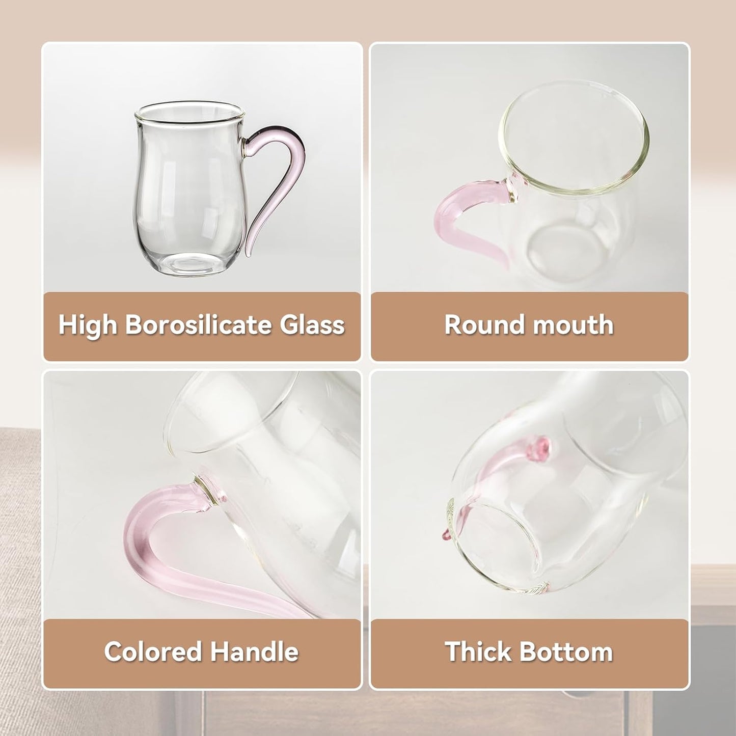 COMI Glass Coffee Cups,8oz Clear Coffee Cups Set of 6,Lightweight Glass Mugs with Colorful Handles,Heat Resistant & Explosion-Proof, Perfect for Home, Cafe, Office