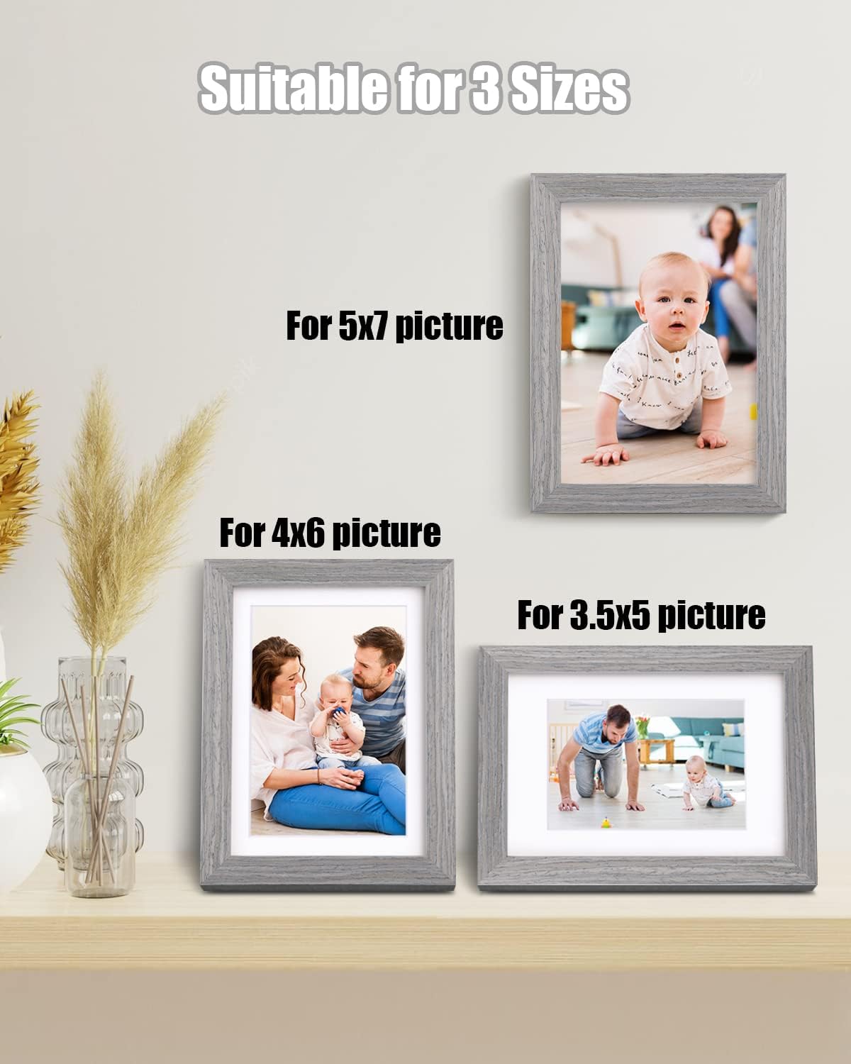 Egofine 5x7 Picture Frames Set of 4, Made of Solid Wood Covered by Plexiglass 3.5x5 and 4x6 with Mat or 5x7 without Mat, for Table Top Display and Wall Mounting Photo Frame Light Grey