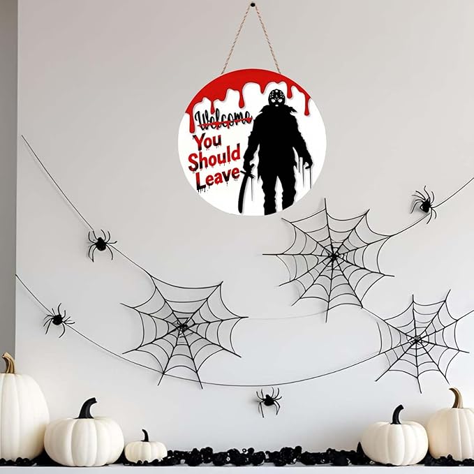 Halloween Welcome Sign for Front Door Welcome You Should Leave Horror Scream Front Door Halloween Decor Sign Ghost Face Wall Decoration for Indoor Outdoor 12×12in