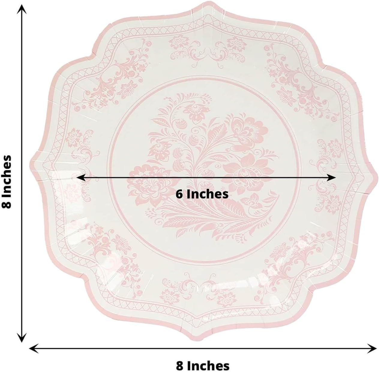 Efavormart 25 Pack White Pink Paper Dessert Plates in Damask Floral Pattern, 8" Round Disposable Salad Appetizer Plates with Scalloped Rims - 300 GSM