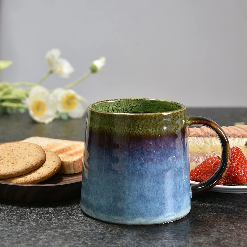 Large Ceramic Coffee Mug, Pottery Mug,Tea Cup for Office and Home,Handmade Pottery Coffee Mugs,16.5 Oz,Dishwasher and Microwave Safe,kiln altered glaze craft (Green)