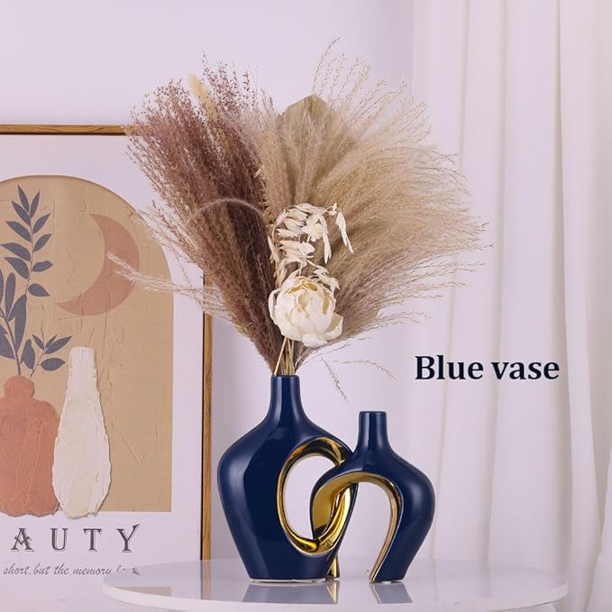 Blue Hollow Ceramic Vases Set of 2 - Modern Nordic Boho ins Style Vases for Decor, Decorative Pampas Grass Flower Vases for Wedding, Living Room, Office, Entrance, Dining Table Decor Centerpieces