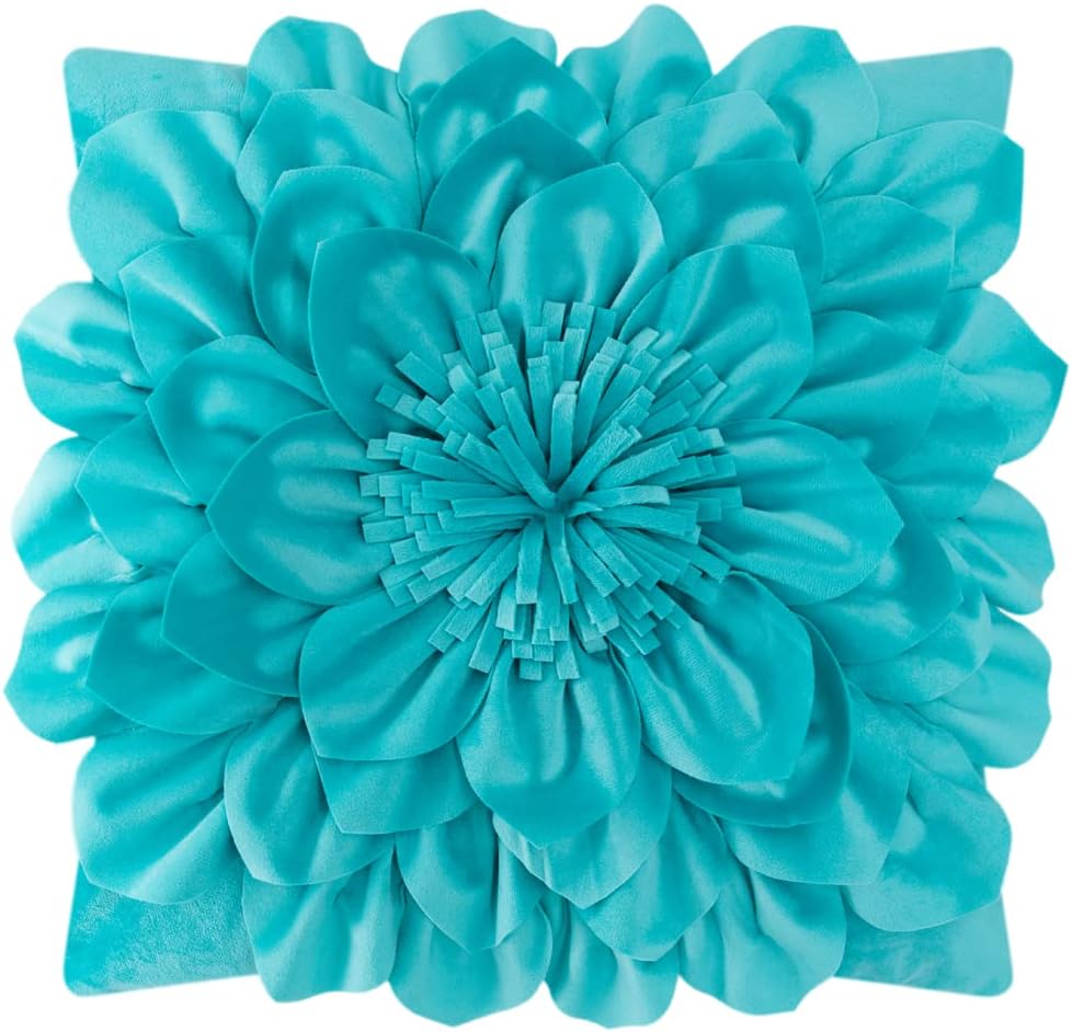 Decorative 3D Flower Throw Pillow Covers Handmade Pillowcases for Sofa Bed Home Room Decor 18 x 18 Inch Teal