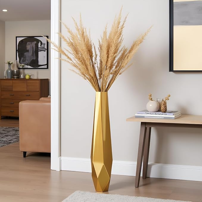 Tall Vases - 27.5" Tall Floor Vase for Home Decor, Resin Floor Vase with Handmade Dimensional Geometric Style, Fits Into Hay/Pampas Grass, Boho Living Room Decor (Gold)