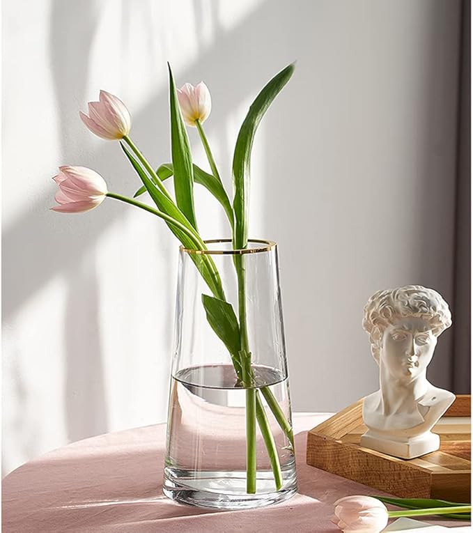 Moden Trapezoid Glass Vase with Gold Mouth for Centerpieces Home Wedding Decoration (1, Small 4.7" x 8.7")