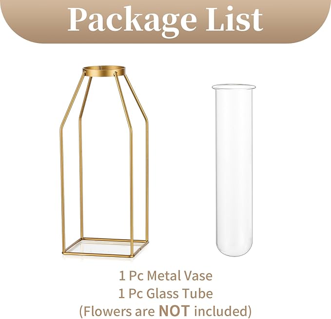 Sziqiqi Glass Propagation Station with Metal Frame - Gold Modern Geometric Square Vase for Plants, Room Decor, Office, Wedding