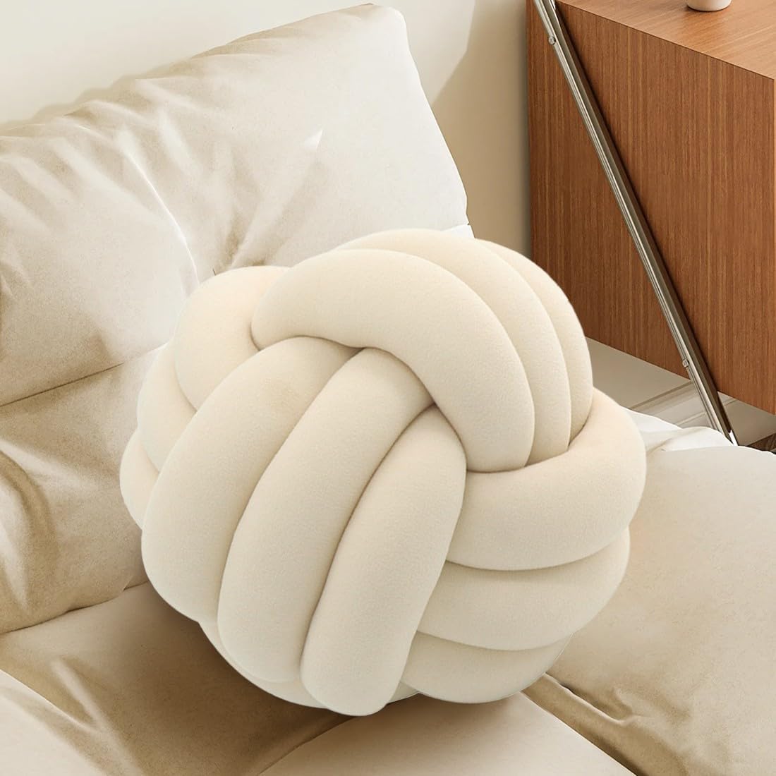 Ivory Knot Pillow Ball, Handmade Decorative Throw Pillow, Soft Round Knotted Cushion for Couch & Bedroom, Cute Home Decor, Braided Pillow for Living Room (7.87 Inches)