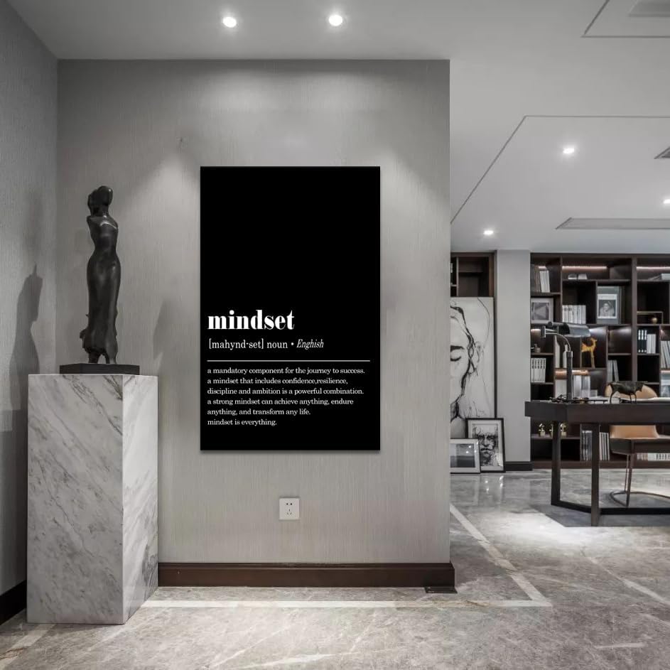 Inspirational Office Wall Art, Framed Mindset Is Everything Canvas Print Black and White Motivational Wall Decor Positive Quotes Poster Entrepreneurs Artwork for Work Place Home Decoration, 24"x 36"