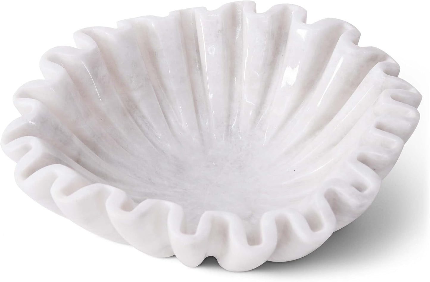 Marble Ruffle Bowl 8 Inch Handmade White Large Decorative Bowls for Home Decor - Scalloped Fruit Bowl for Kitchen Counter, Fluted Bowls for Housewarming Gifts & Coffee Table Decor