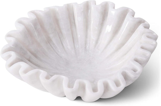 Marble Ruffle Bowl 8 Inch Handmade White Large Decorative Bowls for Home Decor - Scalloped Fruit Bowl for Kitchen Counter, Fluted Bowls for Housewarming Gifts & Coffee Table Decor