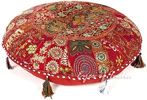 Eyes of India Round Floor Seating Meditation Patchwork Pillow Cushion Cover Colourful Decorative Throw Indian Bohemian Accent Boho Chic Handmade Cover Only (Burgundy, 28" x 28")