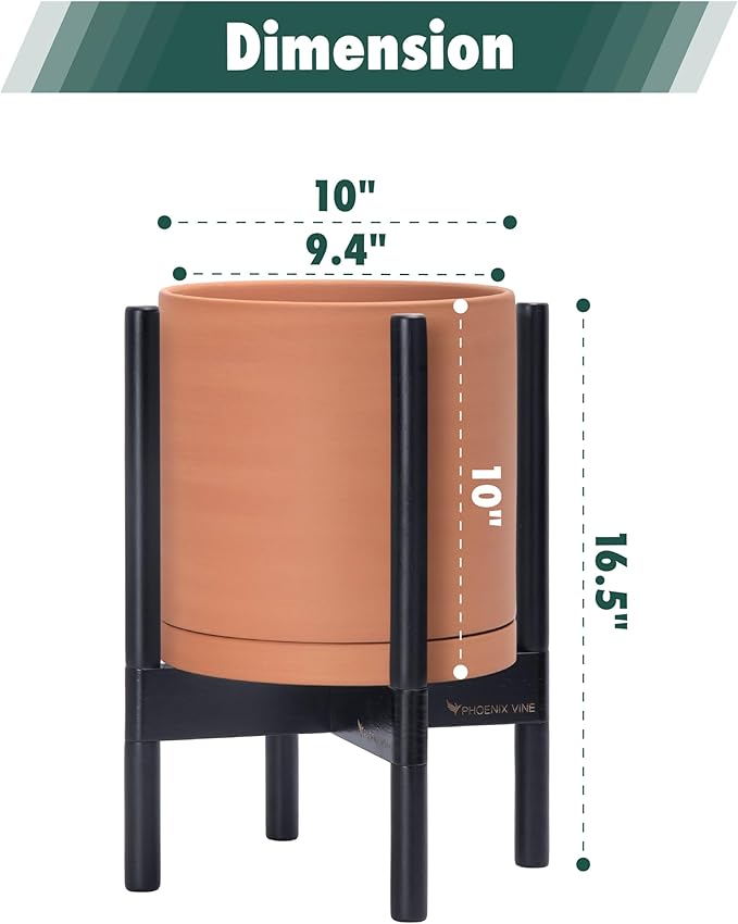 D'vine Dev Terracotta Planter with Ebony Stand - 10 Inch Modern Round Flower Pot with Wood Planter Holder, Terracotta, 55-B-L-5