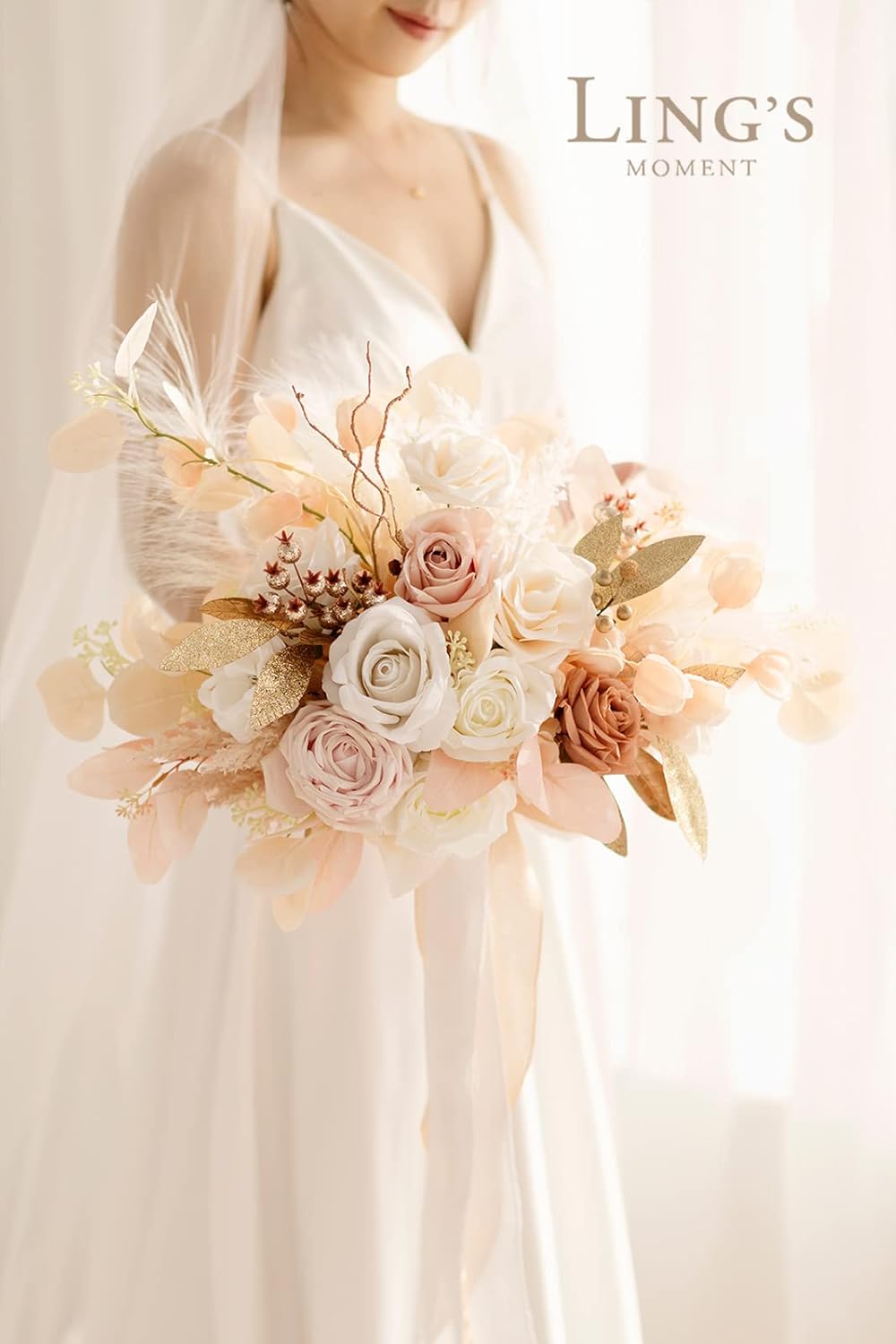 Ling's Moment Boho Wedding Bouquets for Bride, White Beige and Gold Bridal Bouquets for Bride, 15 Inch Free Form Artificial Wedding Flower Bouquet