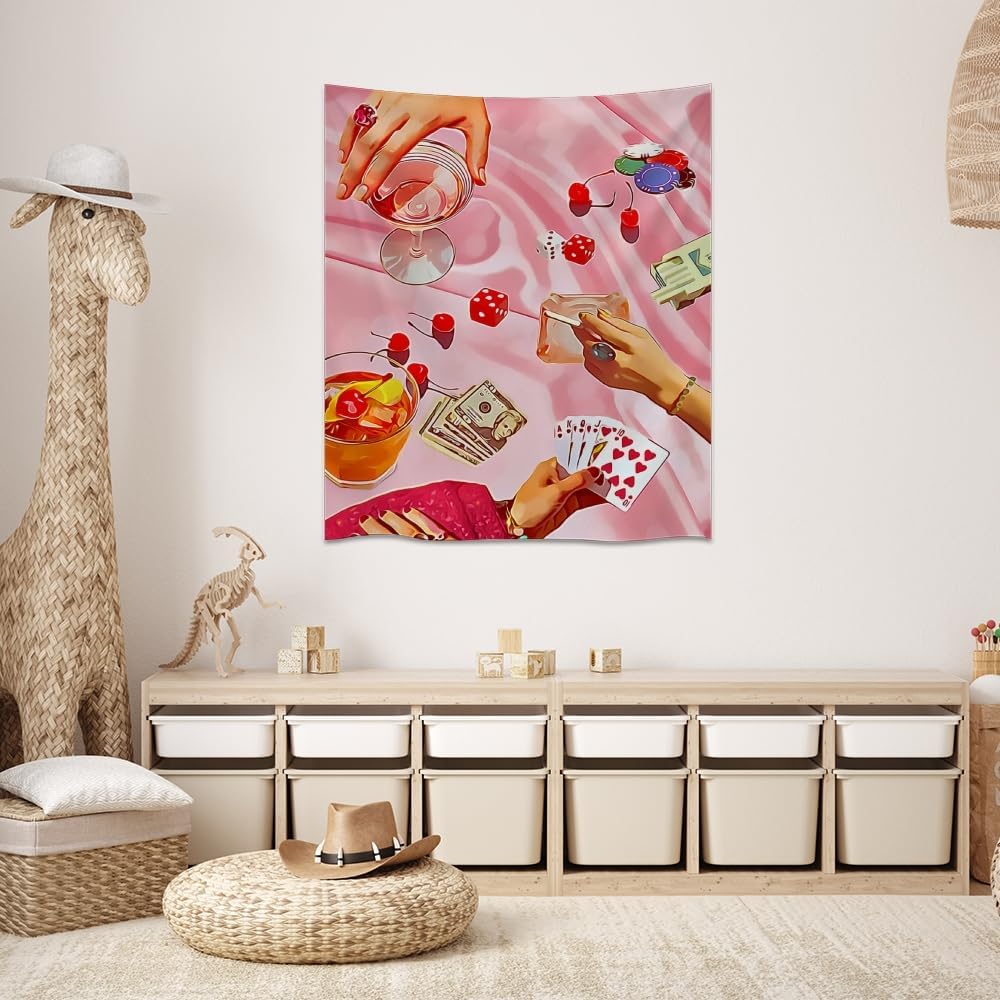 Medpol Retro Casino Night Tapestry Pink Poker Dice Cocktail Wall Hanging Vintage Gambling Aesthetic Decor Tapestries Unique Boho Home Accent Piece for Bedroom Living Room 60x80inch