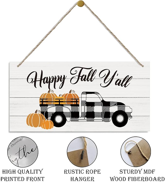 Thanksgiving Decor - Decorative Wood Hanging Plaque, Wooden Wall Art, Fall Pumpkin Truck, Harvest Hanging Wall Door Decoration, Home Farmhouse Decor, Happy Fall Y'all