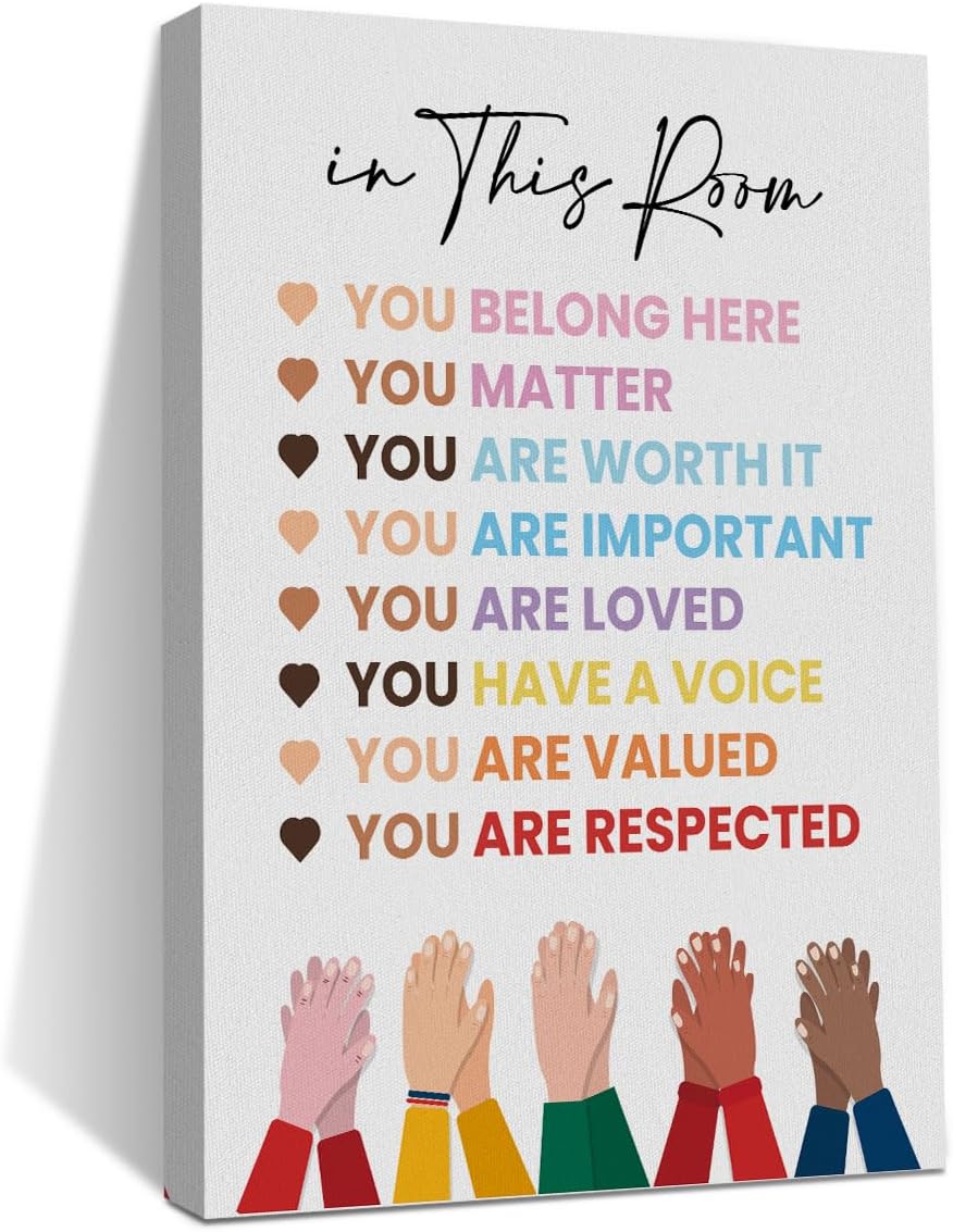 Inspirational Diversity Wall Art in This Room Watercolor Canvas Painting Prints for Classroom Nursery Home Living Bedroom Office Wall Decor Framed Equality Artwork Gifts
