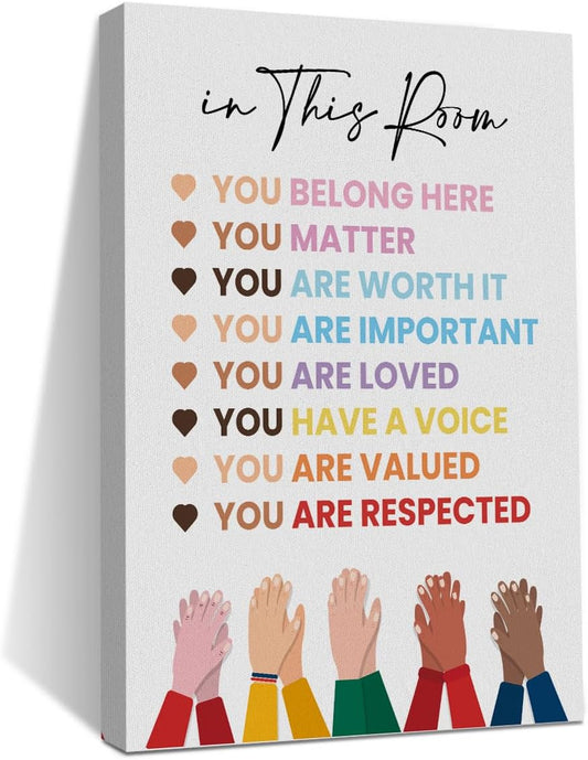 Inspirational Diversity Wall Art in This Room Watercolor Canvas Painting Prints for Classroom Nursery Home Living Bedroom Office Wall Decor Framed Equality Artwork Gifts