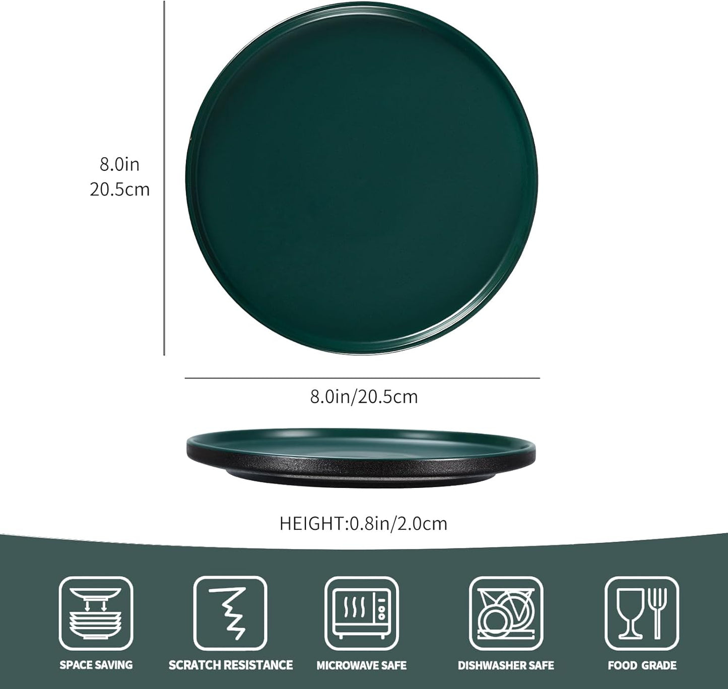 GZG Ceramic Salad Plates Set for 4,8 Inch Stoneware sets,Small Plates for Salads,Desserts,Appetizers,Microwave, Dishwasher,Oven Safe Serving Dish Set,Scratch Resistant,Dark Green