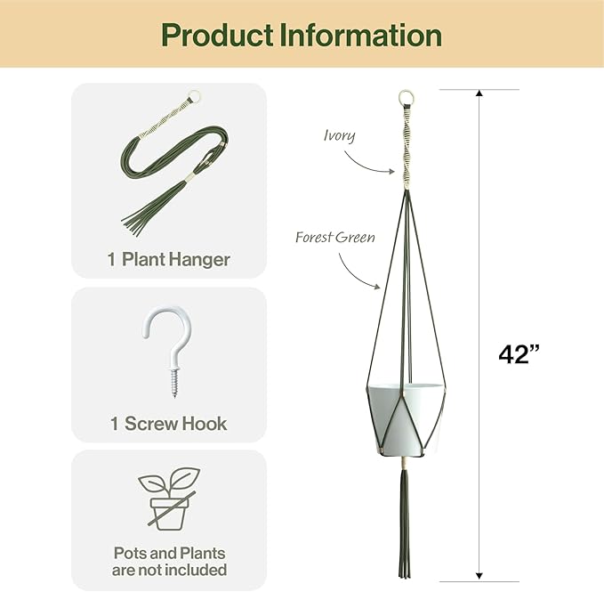 Macrame Plant Hanger Polyester Rope 42 Inch Outdoor Indoor Adjustable Hanging Planter for up to 10 Inch Plant Pot Modern Boho Home Decor (1, Forest Green/Ivory)