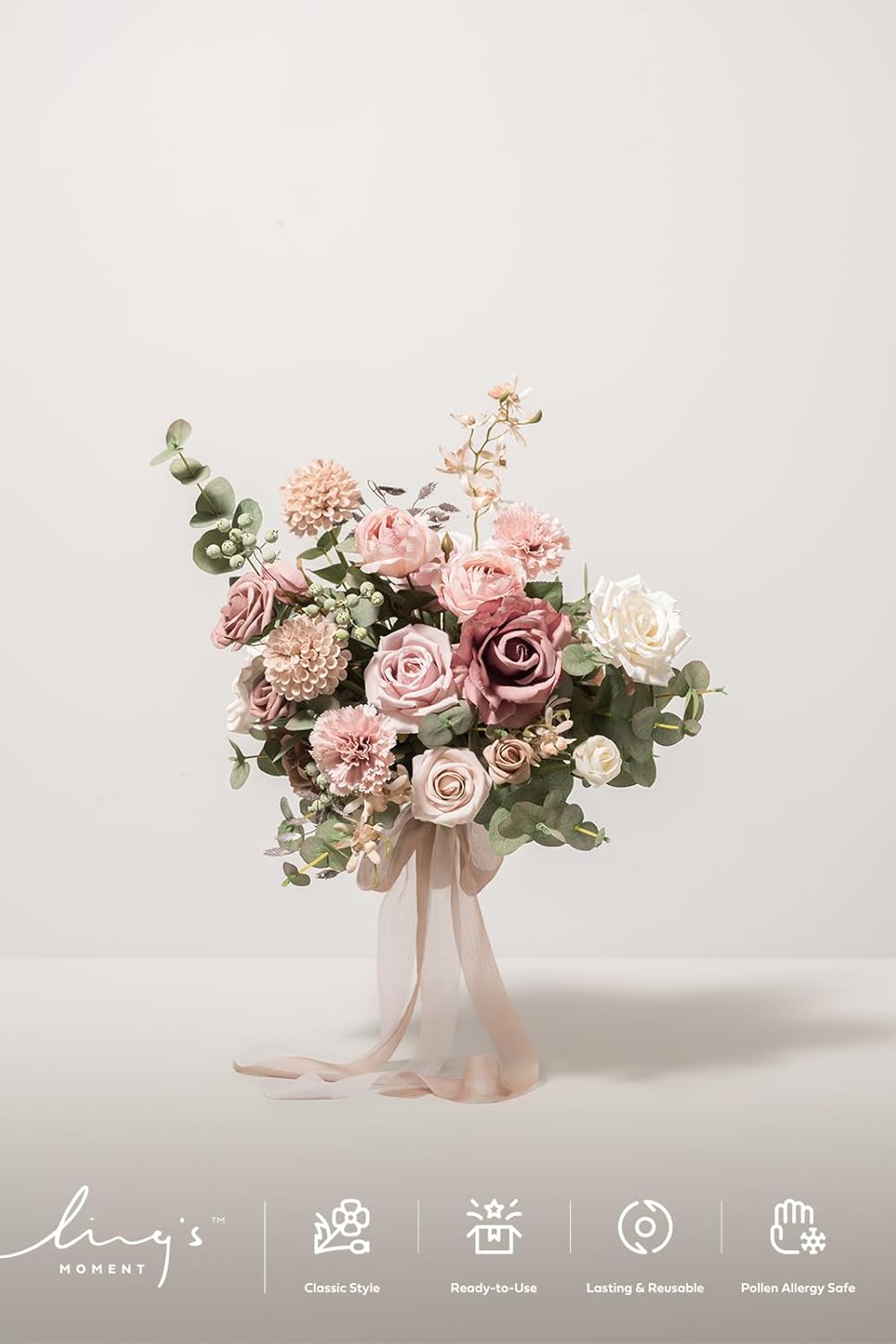 Ling's Moment Dusty Rose Wedding Bouquets for Bride, Pink Bridal Bouquets for Bride, 13 Inch Free Form Artificial Wedding Flower Bouquet