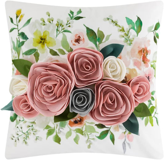 Decorative 3D Flower Throw Pillow Covers Accent Pink Floral Pillowcases for Couch Bed Home Living Room Farmhouse Decor 18x18 Inch