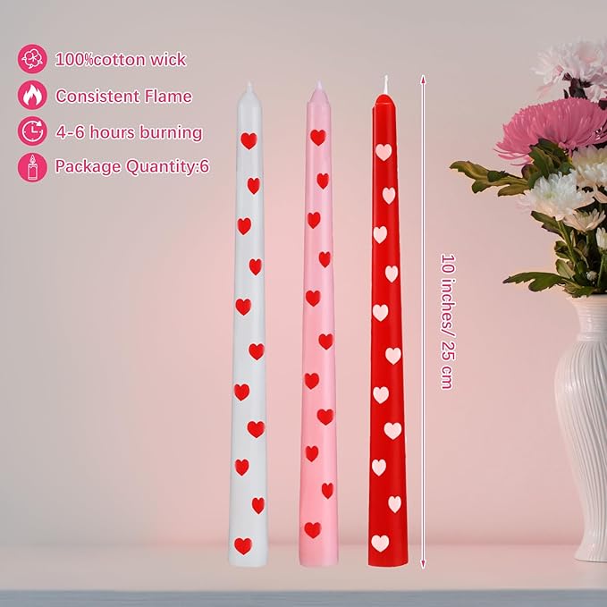 6 Pcs Taper Candles 10 Inch Candle Sticks for Bachelorette Bridal Wedding Party Baby Shower Table Cake Decor(Heart,10 Inch,Pink Red White)