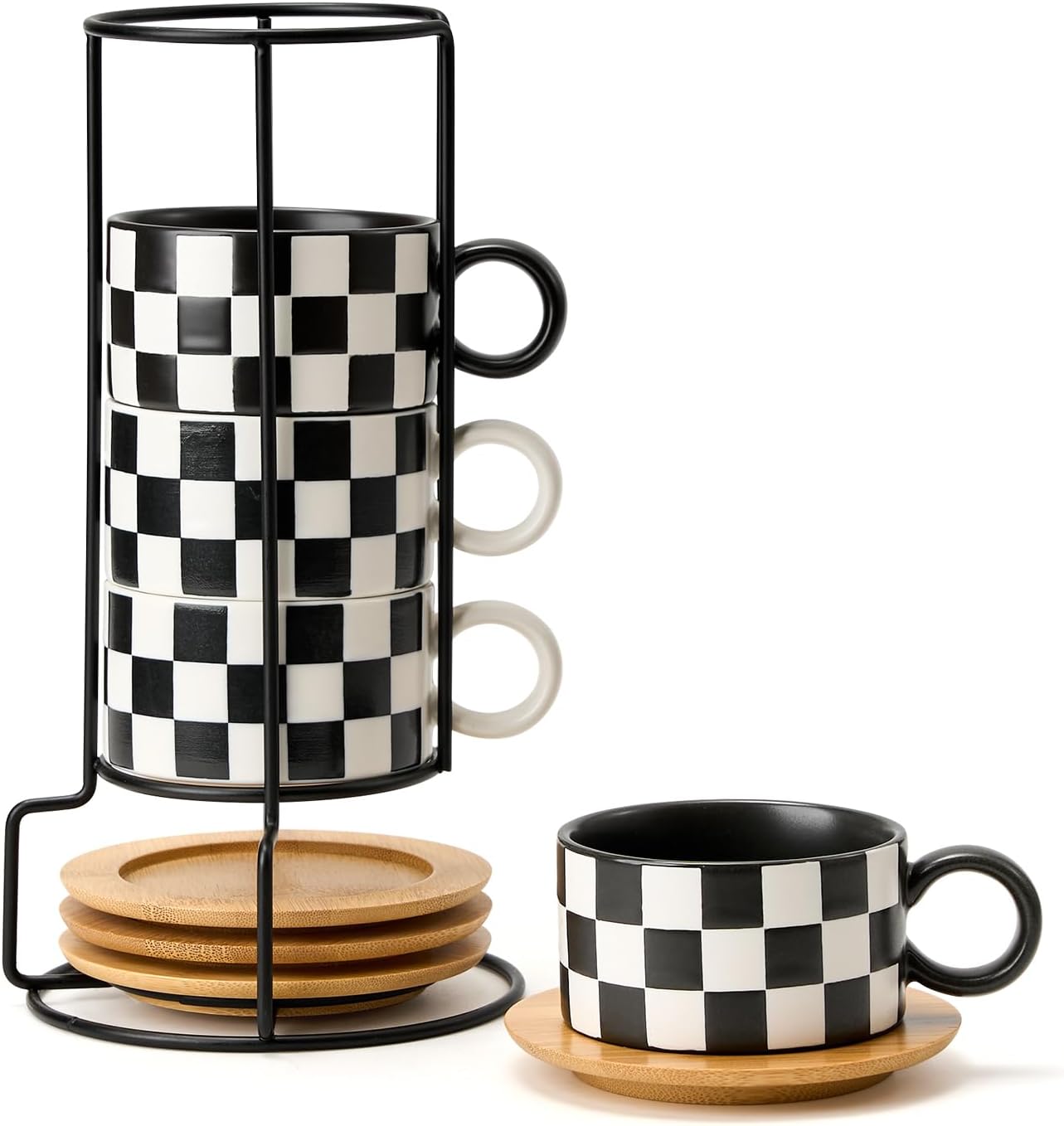 LUKA 6 Ounce Ceramic Stackable Black and White Checkered Espresso Cups with Saucers and Metal Stand Set of 4, Cappuccino Cups Set for Coffee Drinks, Latte, Cafe Mocha and Tea