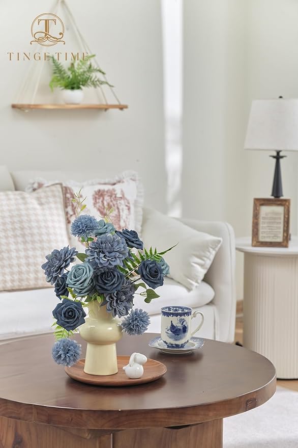 TINGE TIME Artificial Flowers Combo Box Set, Dusty Blue Roses Gradient Color Fake Roses with Stems for DIY Wedding Bouquets Table Centerpieces Baby Shower Home Party Floral Arrangements Decorations