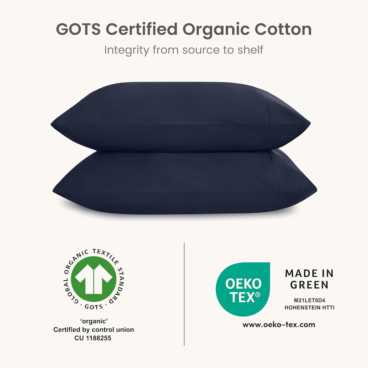 Bioweaves 100% Organic Cotton Envelope Pillow Cases 300 Thread Count Soft Sateen Weave GOTS Certified – 20 X 37, Set of 2, Navy Blue