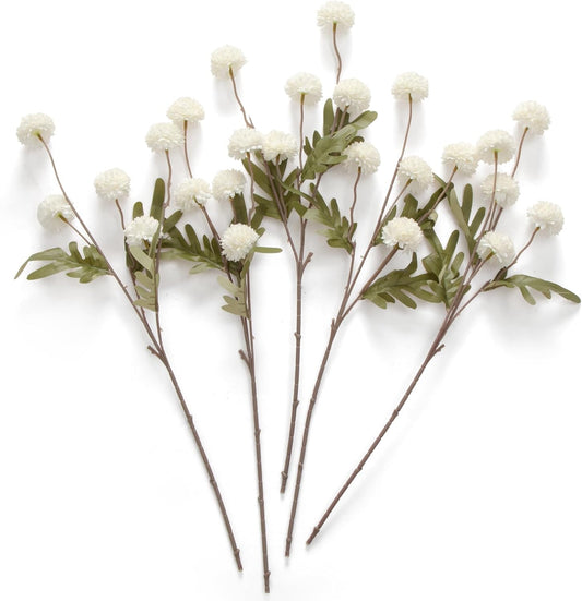 Laelfe Artificial Kiku Flower White - 5 Pcs Fake Pompon Mums Silk Small Chrysanthemum Faux Ball Fall Flower Stem Decor for Autumn Wedding Filler DIY Bouquet Centerpieces Arrangements Shower