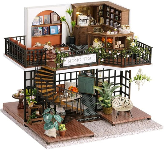 TuKIIE DIY Miniature Dollhouse Furniture Kit, 1:24 Scale Creative Room Wooden Doll House Accessories Plus Dust Proof & Music Movement for Kids Teens Adults(Forest Teashop)