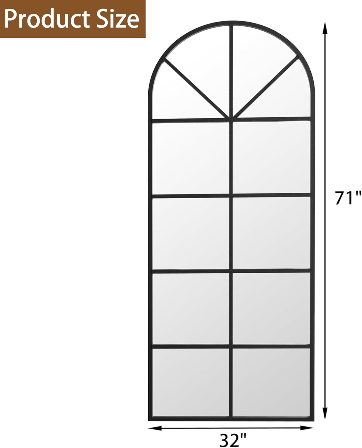 Floor Full Length Mirror, 71"x32" Large Arched Window Pane Mirror, Oversize Wall Full Body Mirrors, Black Farmhouse Standing Mirrors Hanging or Leaning for Living Room, Entryway, No Stand