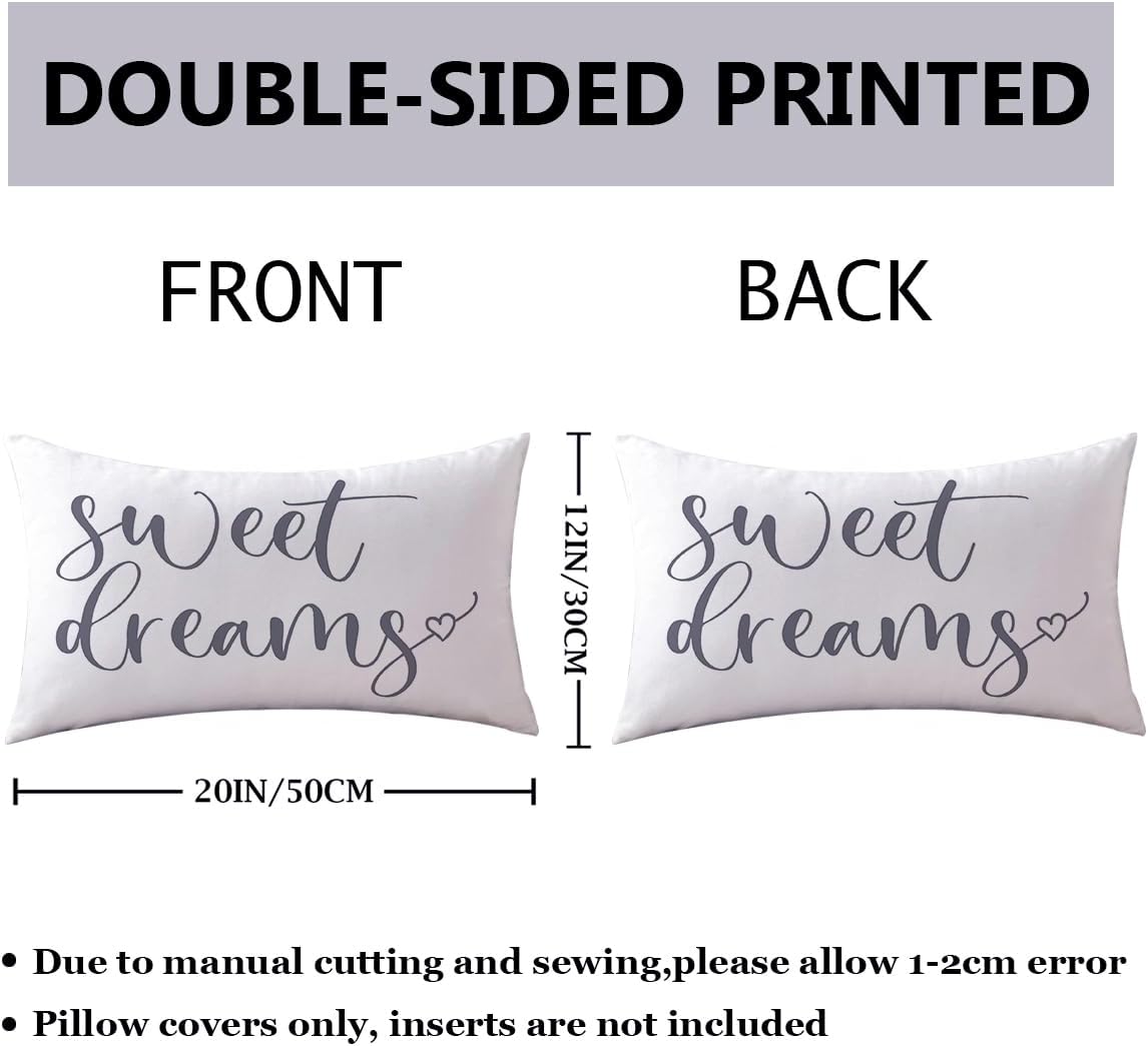 Bedding Decorative Lumbar Pillowcases Sweet Dreams Good Night Cushion Covers Sleep Themed Throw Pillow Covers 12''x20'',2Pack Soft for Bedroom Guest Room Housewarming Gifts (Grey)