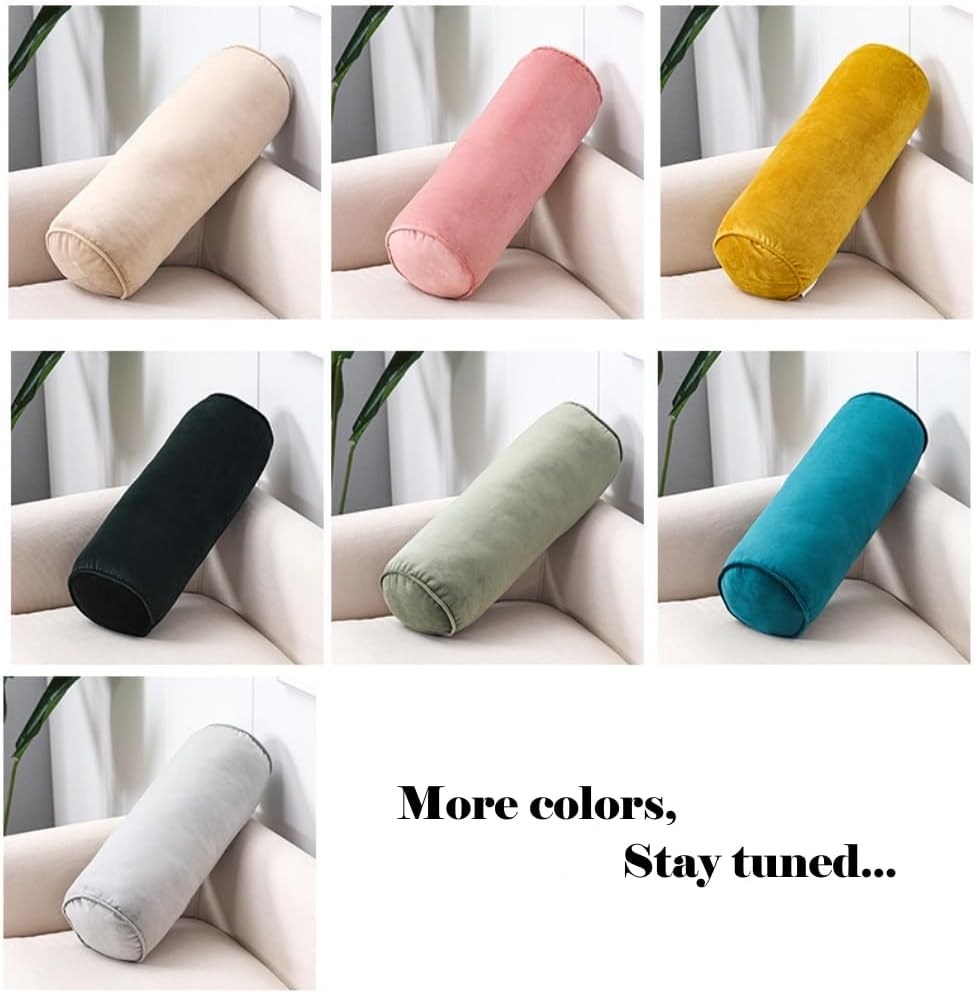 Cylinder Bolster Throw Pillow Roll Neck Pillow Velvet Round Bolster Decorative Throw Pillow for Couch & Bed Cervical Neck Pillow for Neck Home Office Car Decor (Beige)