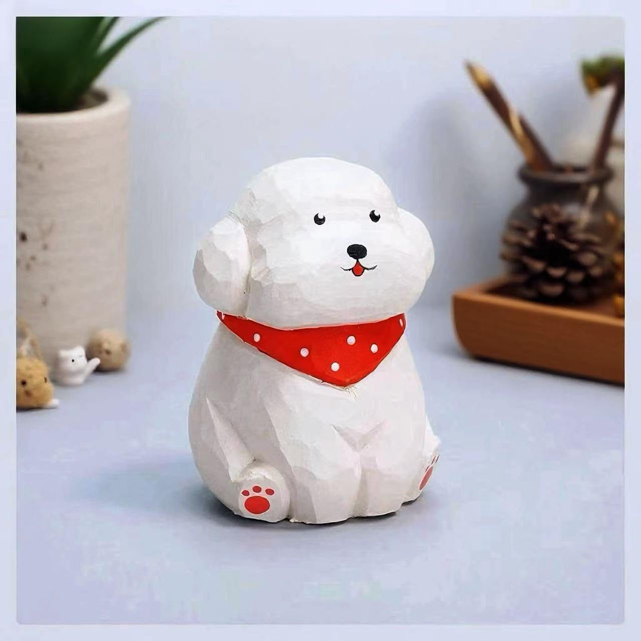 Cute Wood Teddy Dog Figurines, 2.7' Handmade Carved White Teddy Statue with Base, Unique Pet Dog Figure Collectibles Home Decor, Gift for Pet Lover