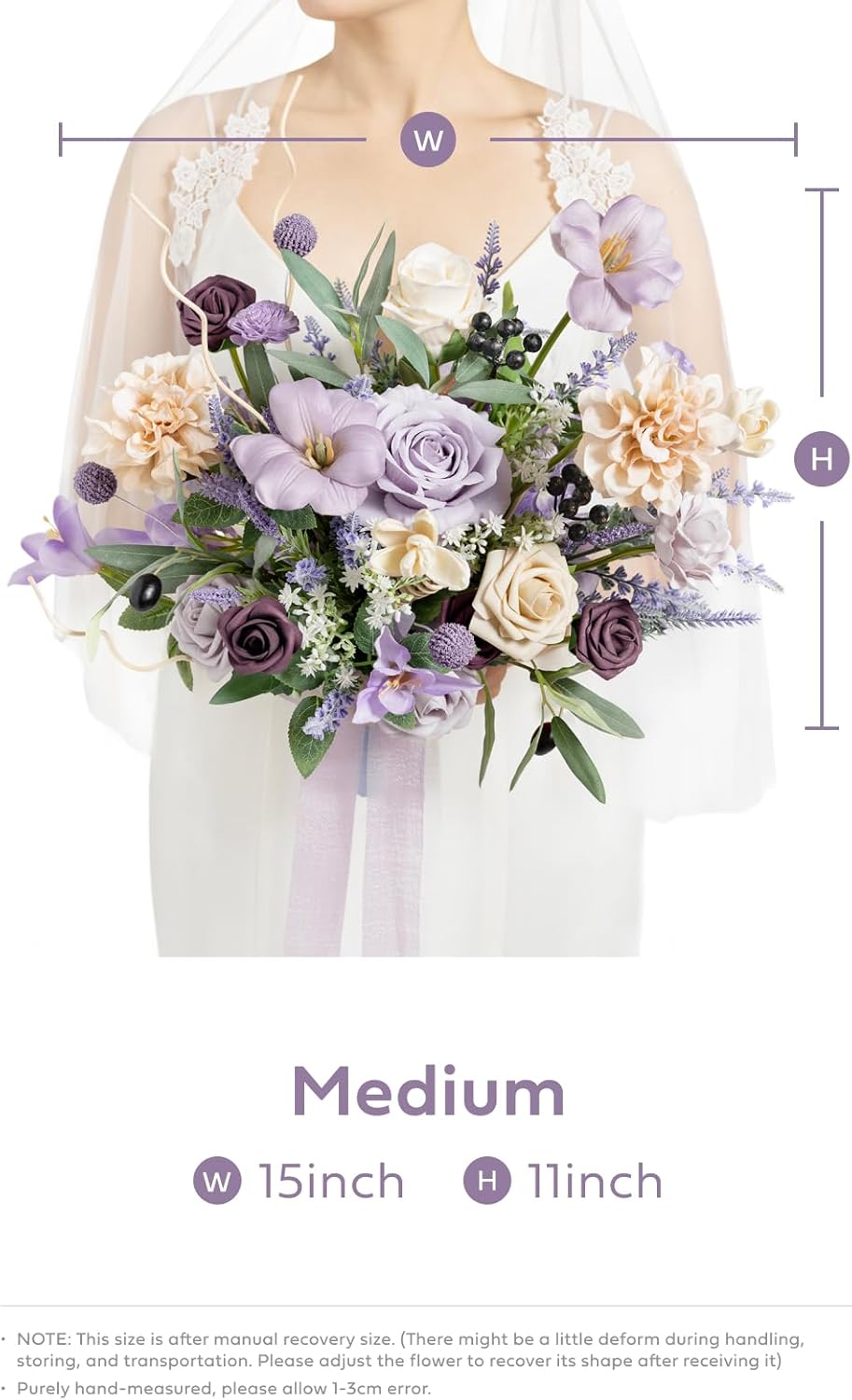 Ling's moment Purple Lavender Wedding Bouquets for Bride, Lilac Bridal Bouquets for Bride,15 Inch Free Form Artificial Wedding Flower Bouquet