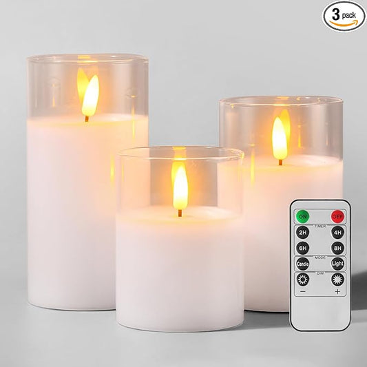 Glass Battery Operated LED Flameless Candles with Remote and Timer, Real Wax Candles Warm Color Flickering Light for Festival Wedding Home Party Decor(Pack of 3)-White