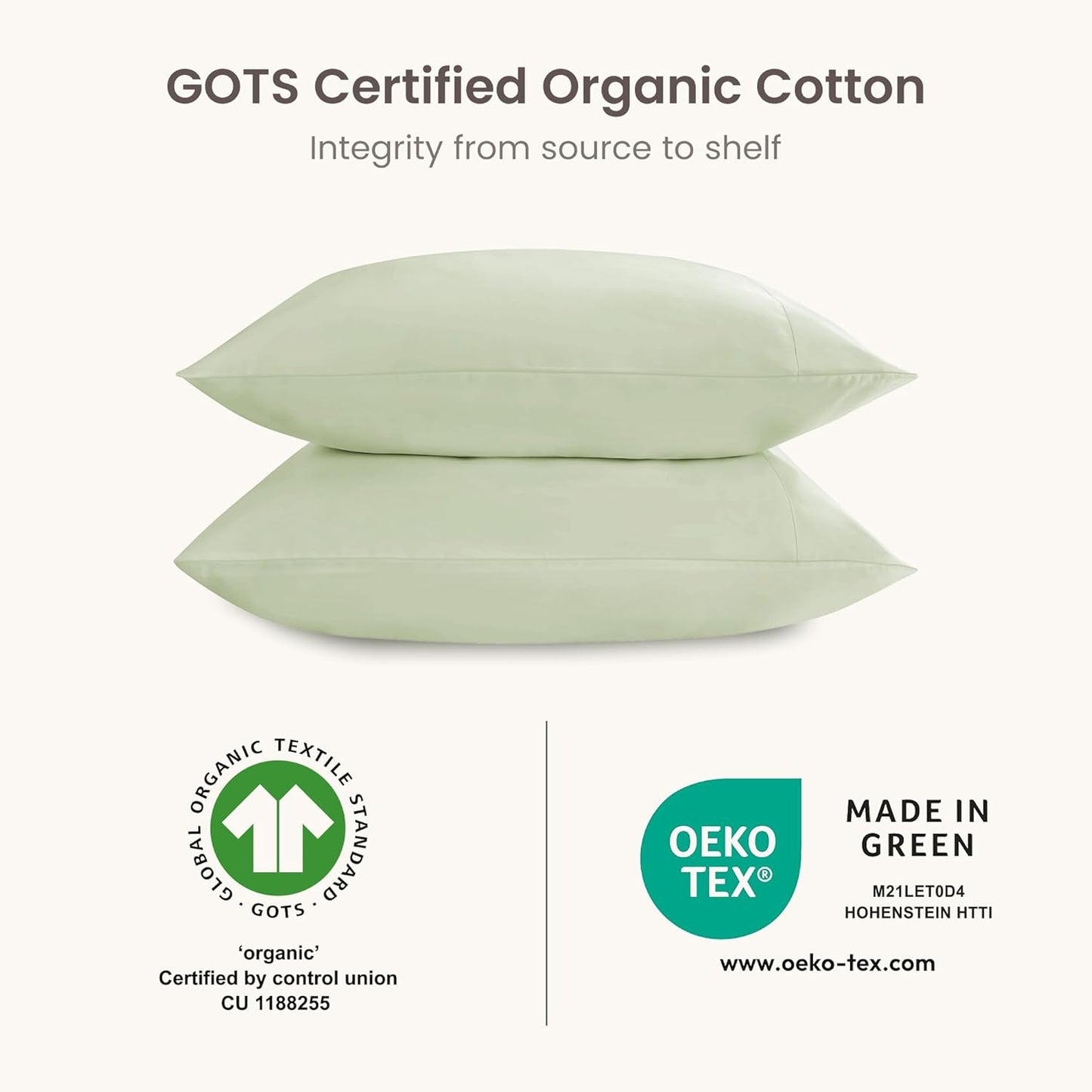 Bioweaves 100% Organic Cotton Envelope Pillow Cases 300 Thread Count Soft Sateen Weave GOTS Certified – 20 X 37, Set of 2, Pastel Green