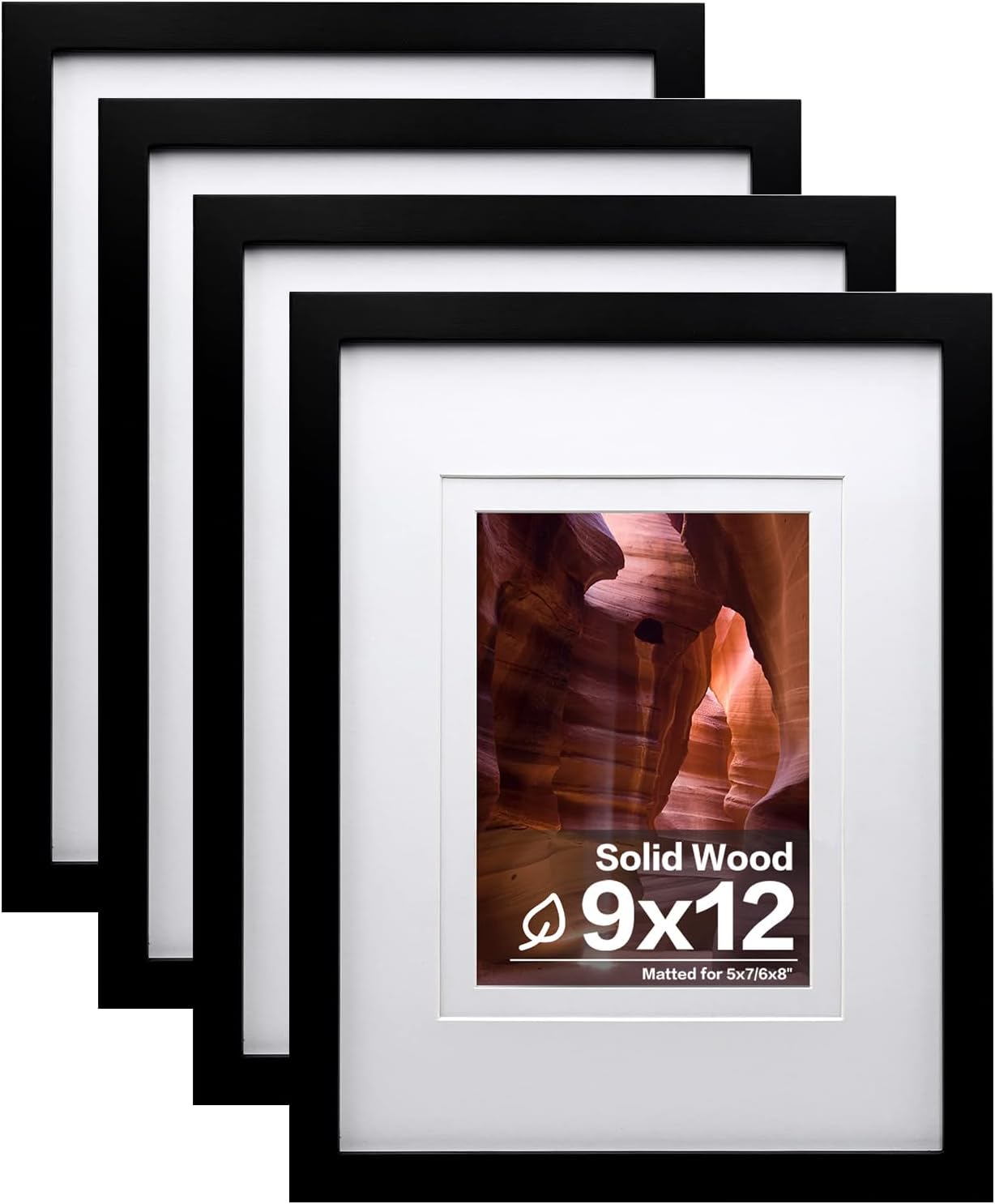 Egofine 9x12 Picture Frames Set of 4, Made of Solid Wood Covered by Plexiglass 5x7 and 6x8 with Mat or 9x12 without Mat, for Table Top Display and Wall Mounting Photo Frame Black