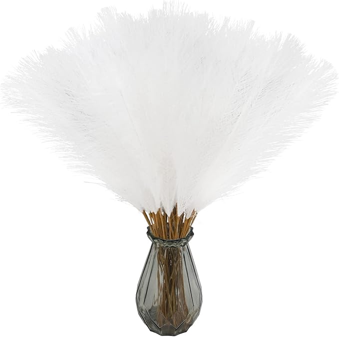 50pcs White Faux Pampas Grass Decor, 21.6" Short Artificial Pompous Grass Floral Fake Pompas Grass Branches Vase Filler Flower Arrangement for Home Wedding Boho Decor