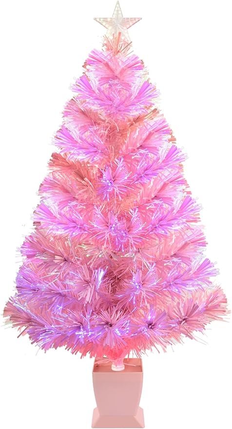 3ft Pink Fiber Optic Christmas Tree,Pre-Lit Artificial Mini Christmas Tree, Tabletop Small Xmas Tree with Stars Holiday Home Decorations