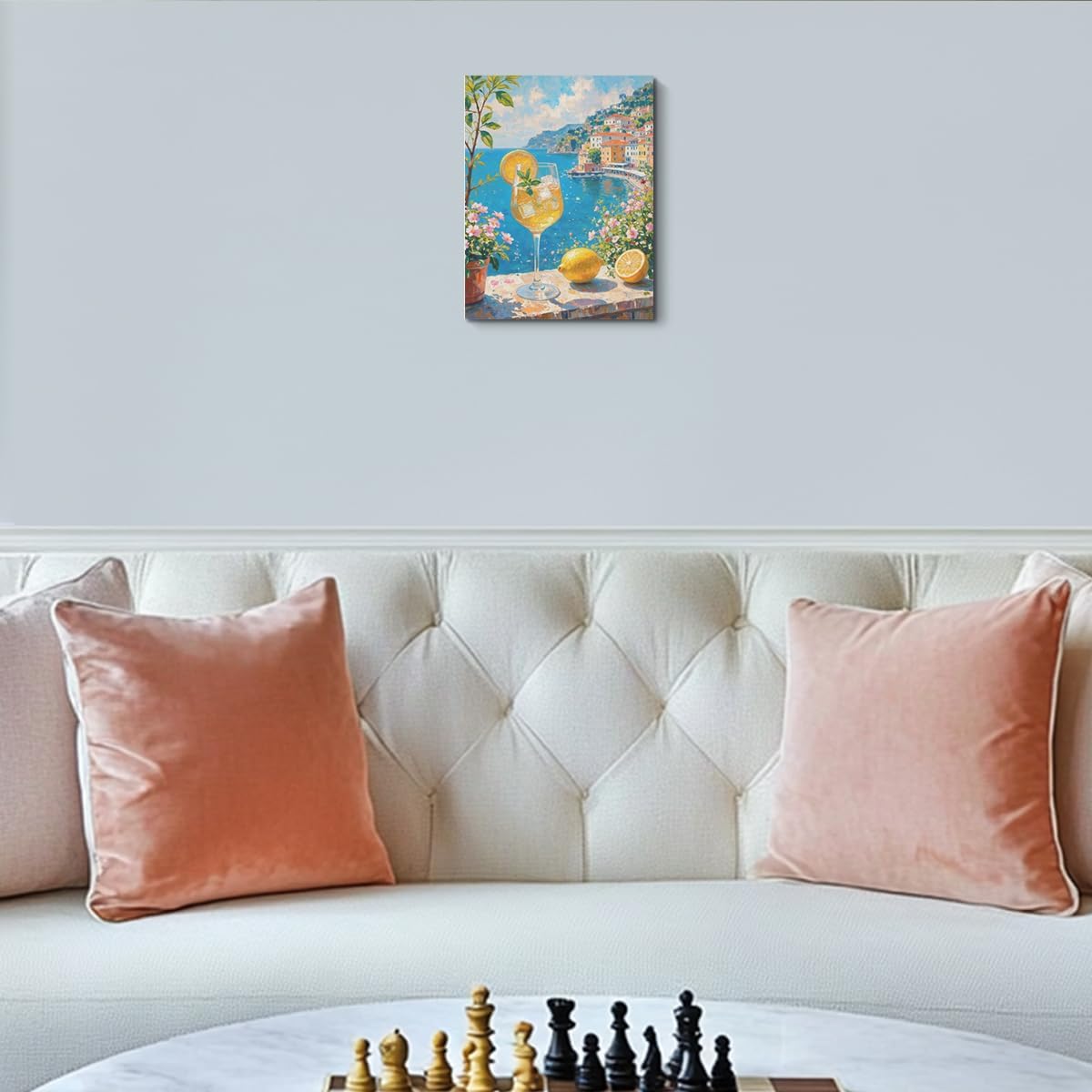 Italy City Wall Art, Coastal Landscape Watercolor Painting Italy Lemon Canvas Framed Prints Modern Decorations, Summer Aesthetic Flowers Poster for Living Room Entryway Farmhouse Bedroom Dining room