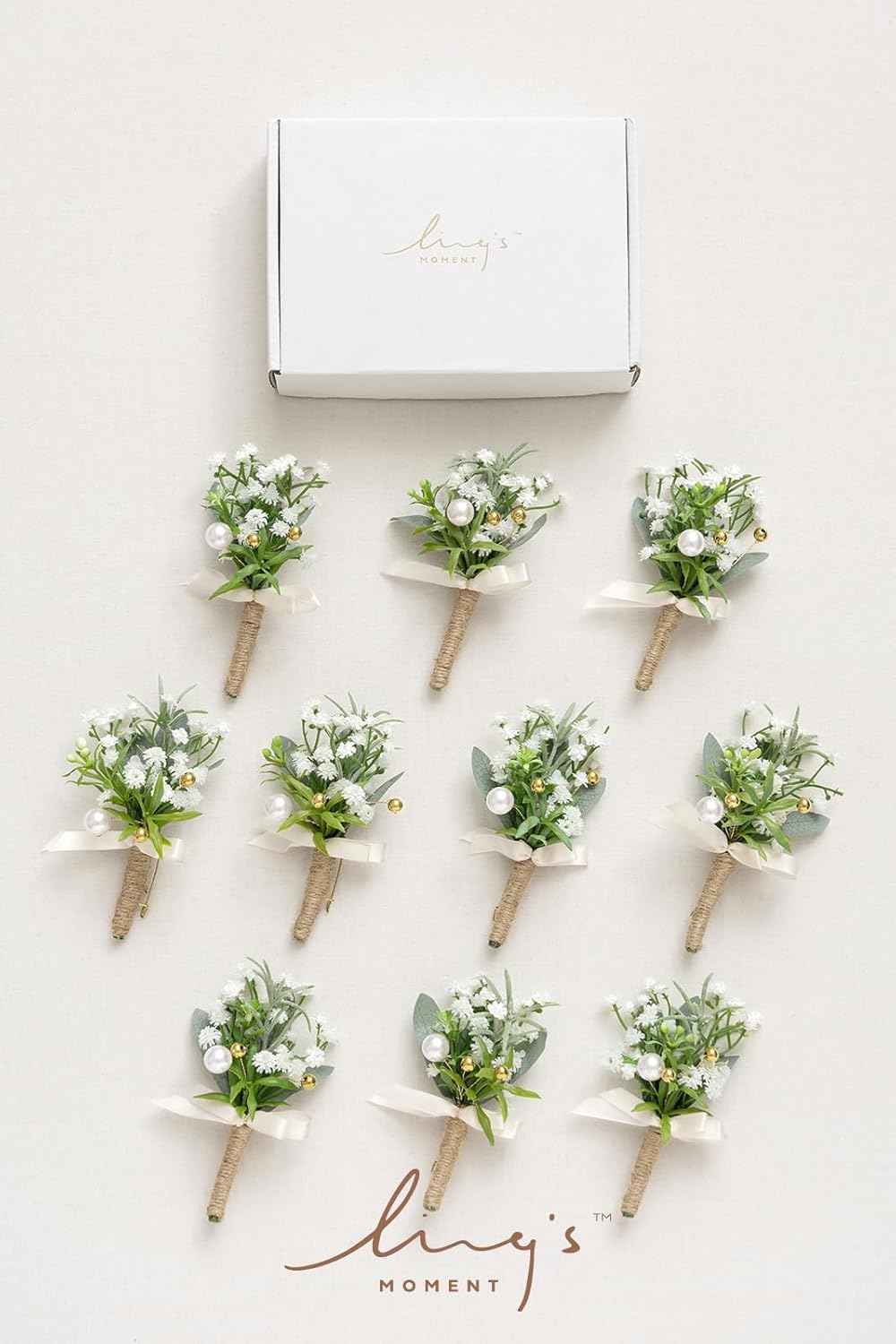 Ling's Moment Boutonniere for Men, 10pcs Groomsmen Guest Boutonniere, Artificial Flowers for Wedding Décor/Prom/Homecoming,etc.Baby Breath White Pearl