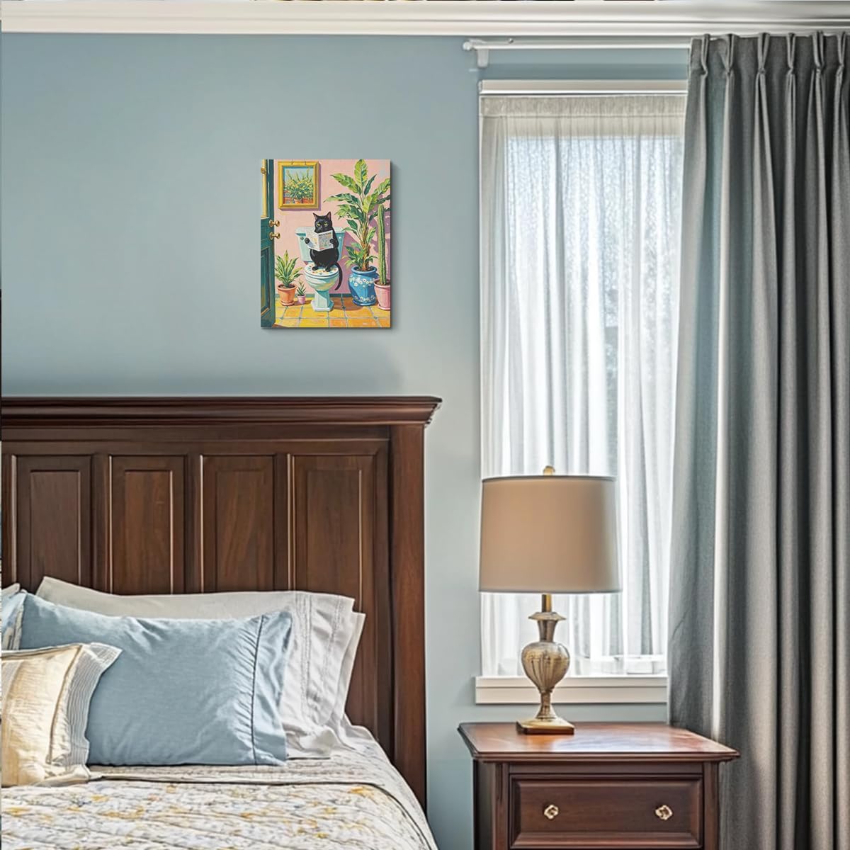 Funny Cat on Toilet Paintings Wall Art, Cat Lover Gifts, Botanical Wallpaper Canvas Framed Prints Modern Decorations, Pink Cute Poster for Living Room Bathroom Entryway Book Shelf Farmhouse