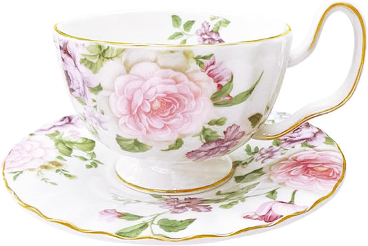fanquare Porcelain Tea Cup and Saucer Set, Vintage Floral Coffee Mug, 5 Ounces Bone China Tea Cup with Gold Trim, Elegant British Tea Cups