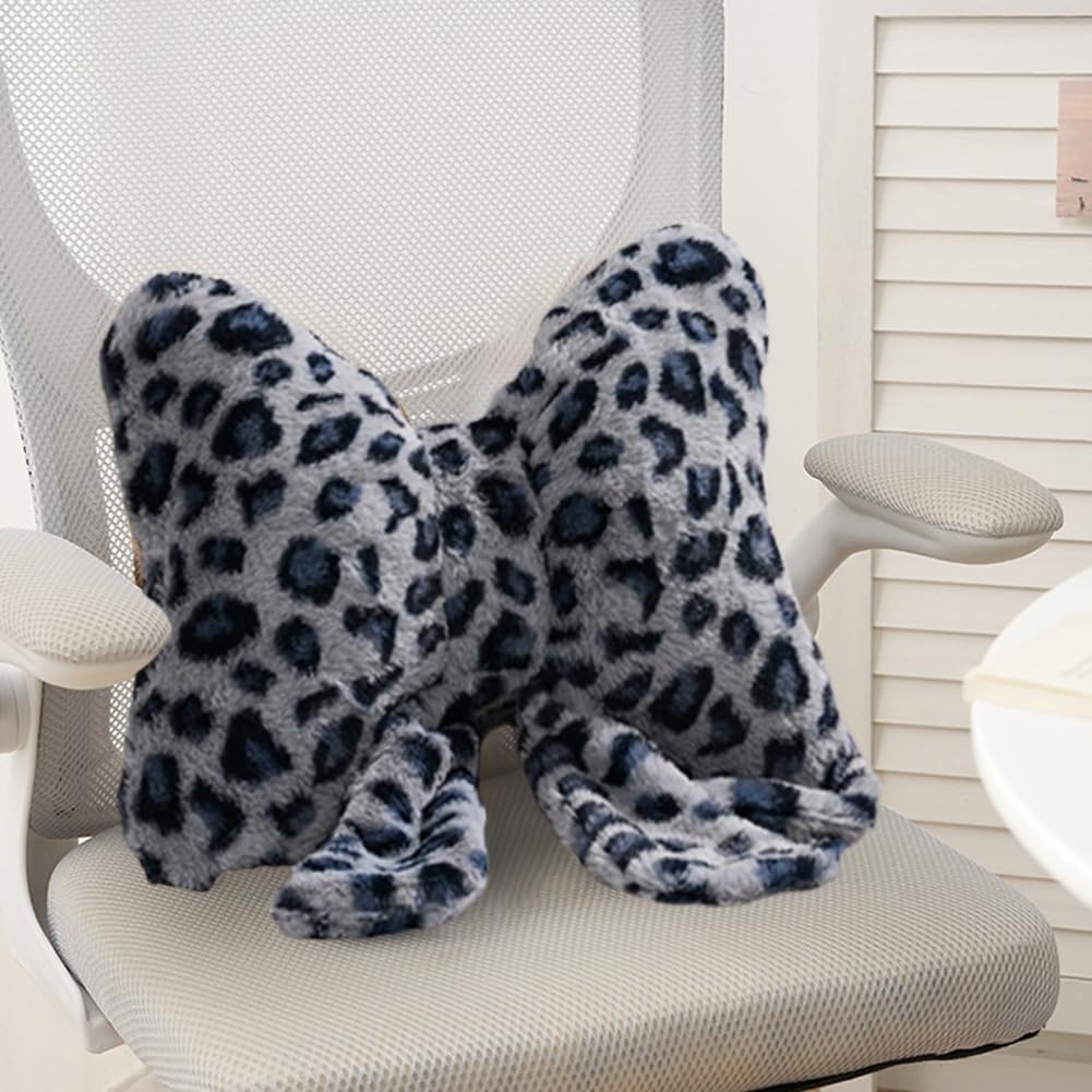 Leopard Print Throw Pillow Furry Bow Plush Pillows Cute Flower Plush Pillow Cheetah Home Decor Stuffed Bow Lumbar Pillow for Bed Couch Living Room Decor (Blue, 16in)
