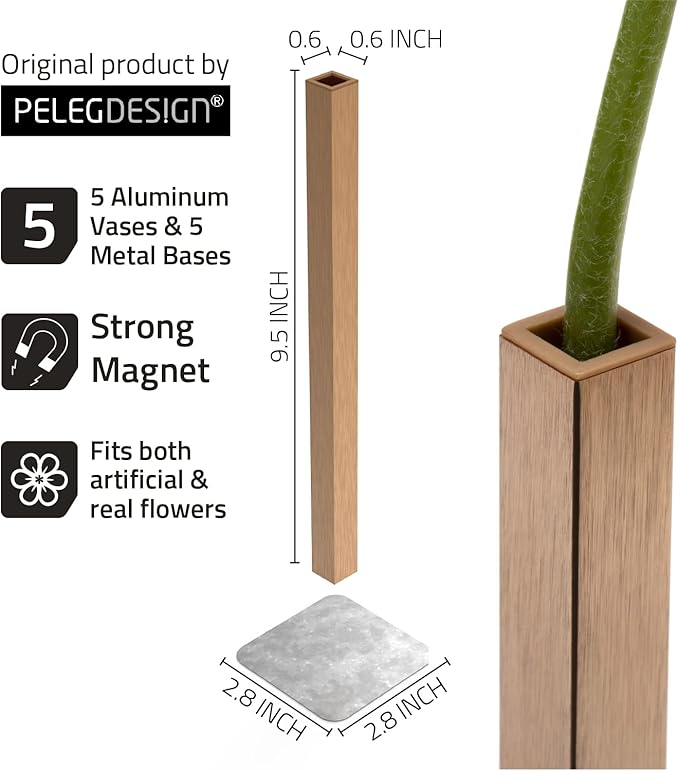 PELEG DESIGN Magnetic Flower Vase - Unique and Modern Set of 5 Gold Aluminum Vases for Home Garden Décor | 9.4 x 0.6 x 0.6 inches | Suitable for Both Real and Artificial Flowers