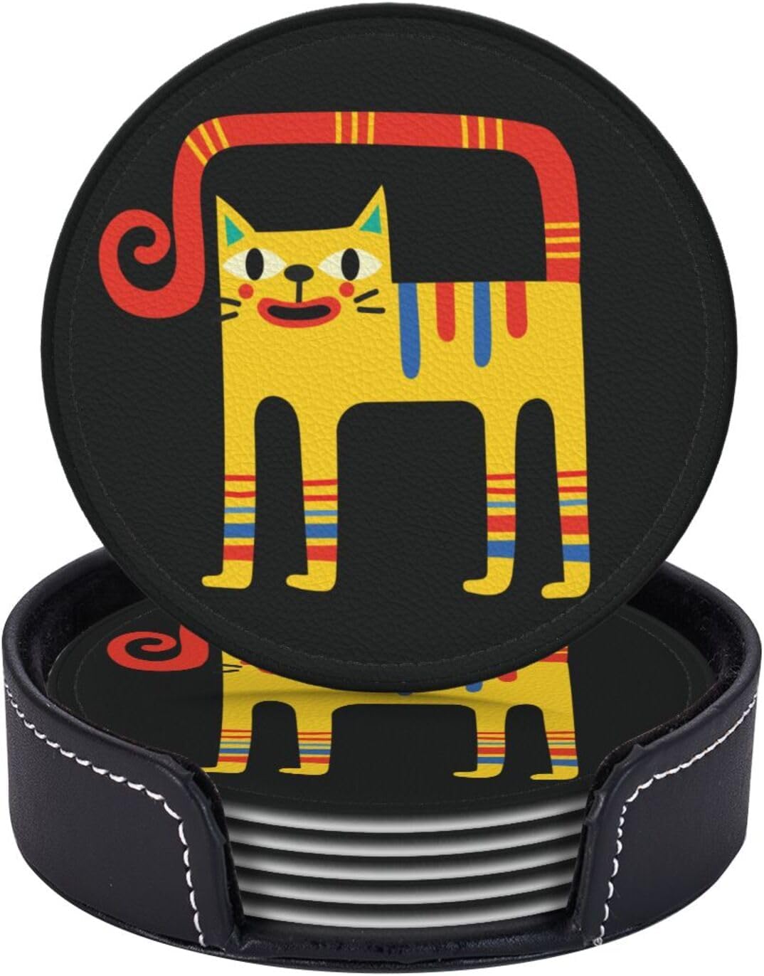 Cute Colorful Cat Leather Drink Coasters Set of 6 with Holder Round Cup Coaster for Table Decor