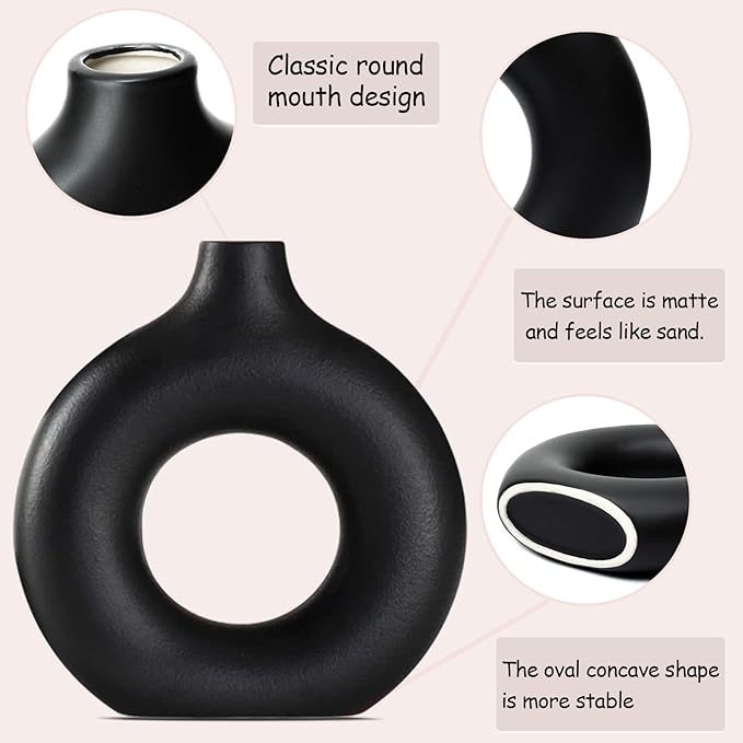 Black Ceramic Vase Set of 2 for Modern Boho Decor,Round Matte Pampas Flower Vases Minimalist Nordic Boho Ins Style for Wedding Dinner Table Party Living Room Office Bedroom, Decorative Gift