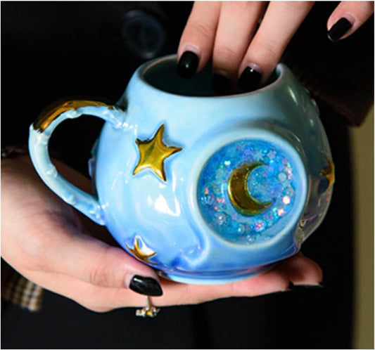 Handmade Coffee Cup 400ML with Fancy Tarot Star/Moon Design, Fashion Starry Sky Ice Coffee Cup, Gradient Pink Pottery Tea Cup for Home/Office (blue)